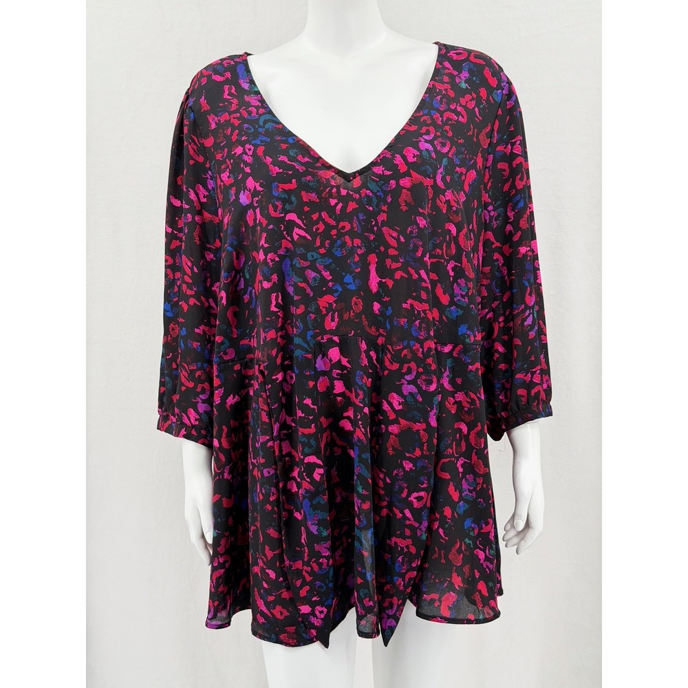 Torrid Top Womens 4X Pink Black Leopard‎ V-Neck Sheer Abstract Artsy Romantic